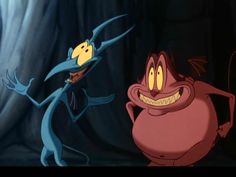 two cartoon characters are standing next to each other in front of a dark background, one is smiling and the other has his arms outstretched