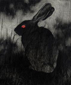 a black and white drawing of a rabbit sitting in tall grass with red eyes on it's face