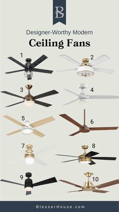 different ceiling fans with the words designer - worthy modern ceiling fans on it and below them
