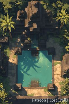 an overhead view of a pool surrounded by trees and plants with the text patreon lost trails