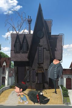 two cartoon characters standing in front of a house