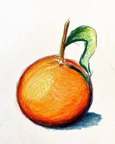 a drawing of an orange with a green stem sticking out of it's center