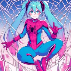 an anime character sitting in front of a spider - man web frame with headphones on