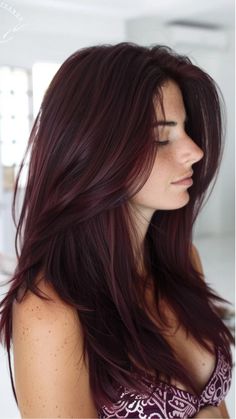 Woman with long, dark auburn hair, styled smoothly, against a blurred indoor background.