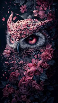 an owl with flowers on its head is surrounded by leaves and flowers in the dark
