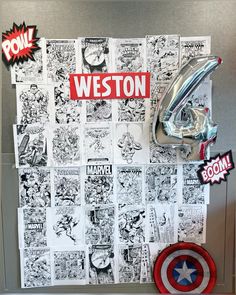 a wall with comic books and magnets on it