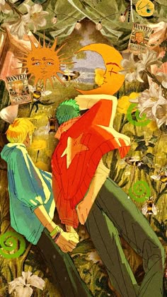 two people sitting on the ground in front of trees and flowers with sun above them