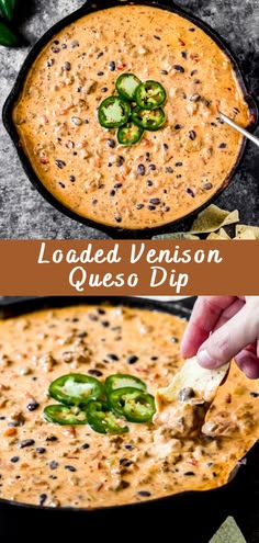 a hand dipping a tortilla chip into a bowl of quesadilla dip