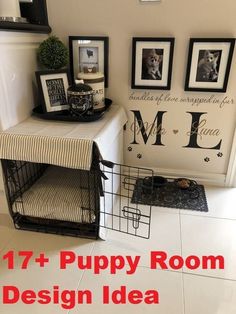 a dog crate sitting on top of a white tiled floor next to pictures and frames