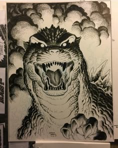 a drawing of an alligator with its mouth open