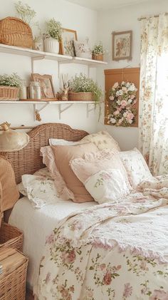 a bedroom with wicker shelves and flowers on the bed
