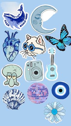 various stickers are arranged in the shape of heart, moon, and other items
