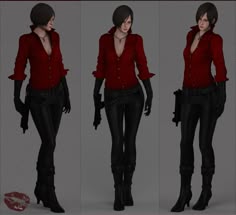 three different views of a woman in red shirt and black pants with her hands on her hips