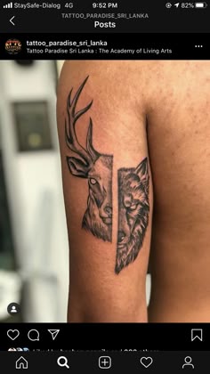 an arm tattoo with two deer heads and antelope's on the side