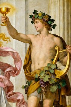 a painting of a man holding a gold cup and a golden harp in his right hand