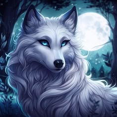 a white wolf with blue eyes standing in front of a full moon and tree filled forest