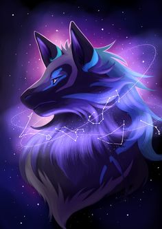 the head of a wolf with stars in the sky behind it, as if he is zodiac sign
