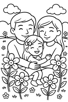 an adult and child are sitting in the grass with flowers around them, coloring page