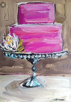 a painting of a pink cake on a silver platter with a flower in the middle