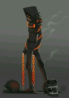 the character is chained to chains and has an evil look on his face, while he stands