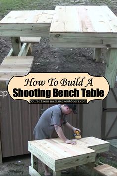 a man sanding up a bench with a hammer and sawhorse on it in front of a shed