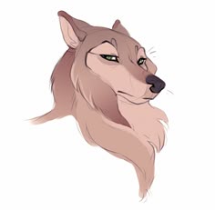 a drawing of a wolf's head with green eyes and brown fur on it
