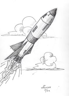 a drawing of a rocket launching into the sky