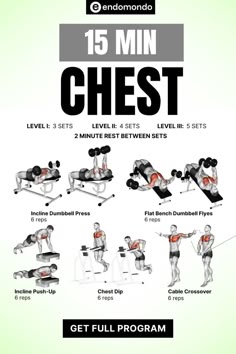 the 15 minute chest workout plan is shown in this graphic style, with instructions to use it