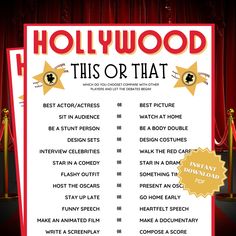 hollywood this or that poster with red curtains and gold stars in the background, which includes an award for best actor