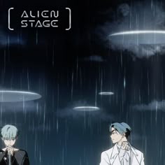 two anime characters standing in the rain under an overcast sky, one holding his hand to his face