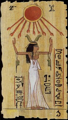 an ancient egyptian painting with the sun above her head and two hands in each hand