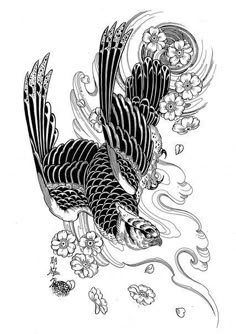a black and white drawing of a bird flying over water with flowers on the side