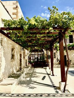 an outdoor patio with pergolia and potted plants on the side of it