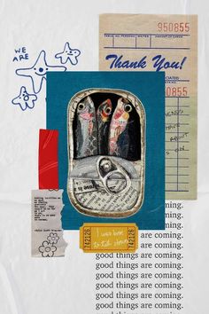 an altered photograph of two fish in a box with the words thank you on it