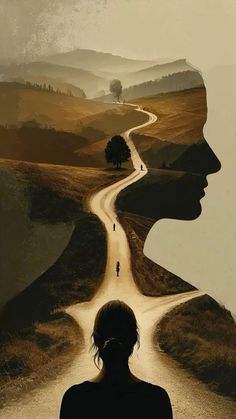 a woman's head is shown in the shape of a road with two people walking down it