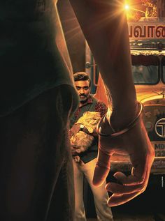 two people holding hands in front of a bus