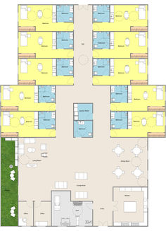 A yellow and blue 2D assisted living floor plan with 10 bedrooms, 10 bathrooms, a gym, an office, and a large common area.