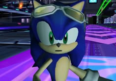 sonic the hedgehog is running through a futuristic city with neon lights on its face