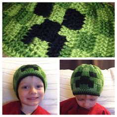 two pictures of a child wearing a green hat with black squares on it and another photo of the same boy in red shirt