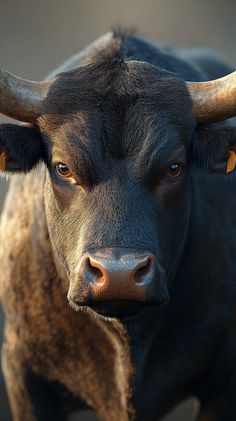 a close up of a bull with large horns