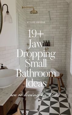 a bathroom with black and white floor tiles