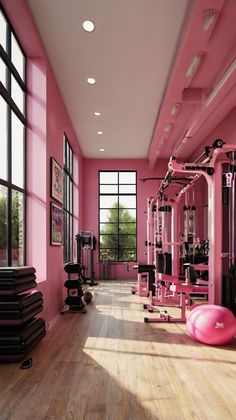 an exercise room with pink walls and flooring is pictured in this image from the inside