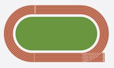 a track with an oval shape on the top and red stripes down the middle, as well as green grass in the center