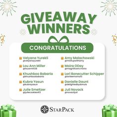 the star pack giveaway winners are in green and white with bows on them,