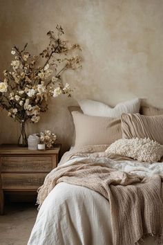 a bed sitting next to a vase with flowers in it on top of a table