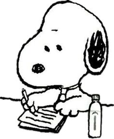 a drawing of a person writing on a notepad with a pen and bottle next to it