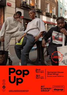 the poster for pop up shows three people sitting on a bench with shopping bags in front of them