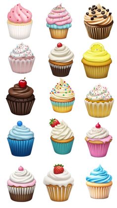 a bunch of different types of cupcakes on a white background