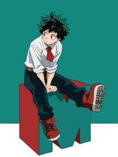an anime character sitting on top of a block with his legs crossed and wearing red shoes