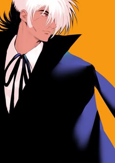 an anime character with white hair wearing a suit and tie, looking to the side